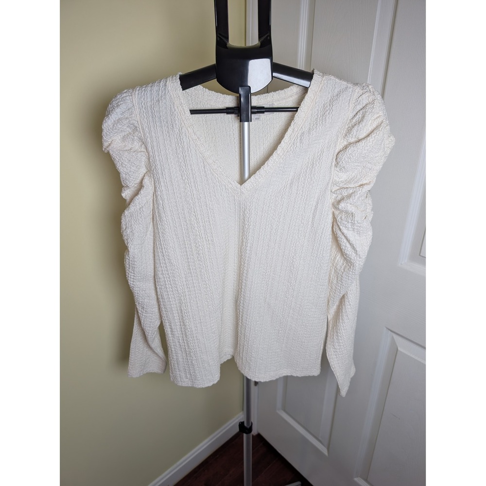 Loft Puff Sleeve Top Womens Small Cream Textured V-Neck Long Sleeve Blouse